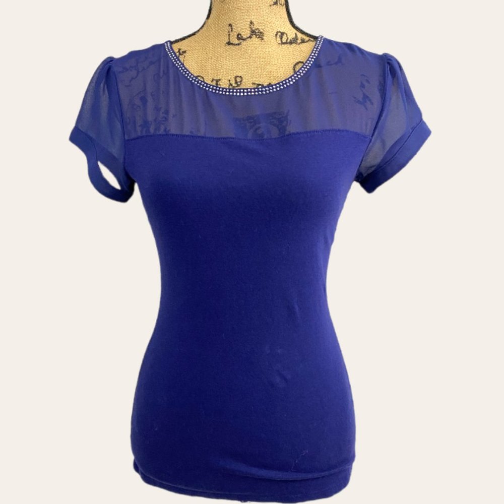 Express navy blue sheer puff sleeve knit top jewel collar